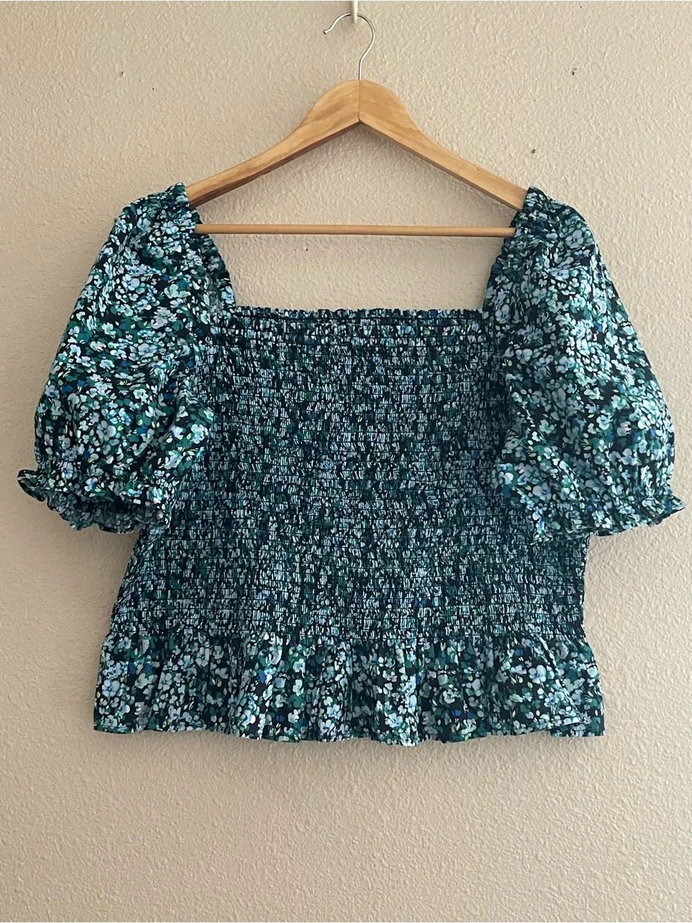 J. Crew Teal‎ and Black Smocked Square-Neck Puff Sleeve Blouse